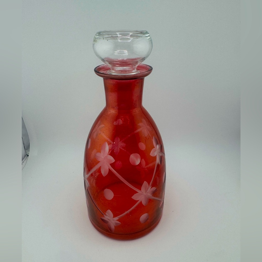 Vintage Etched Cranberry Glass Decanter Red Glass‎ Vase